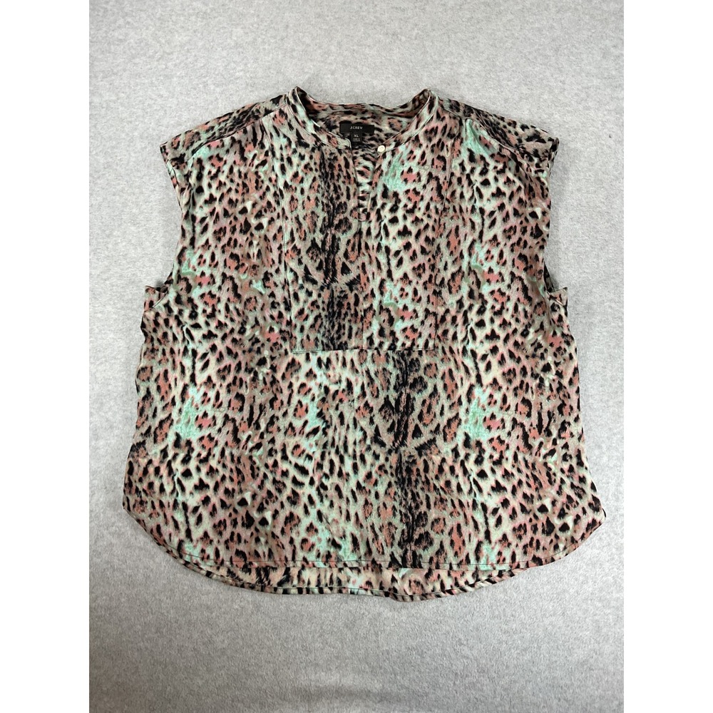 J.Crew Womens XL Leopard Print Sleeveless Blouse Pink Mint Band Collar Top 2958